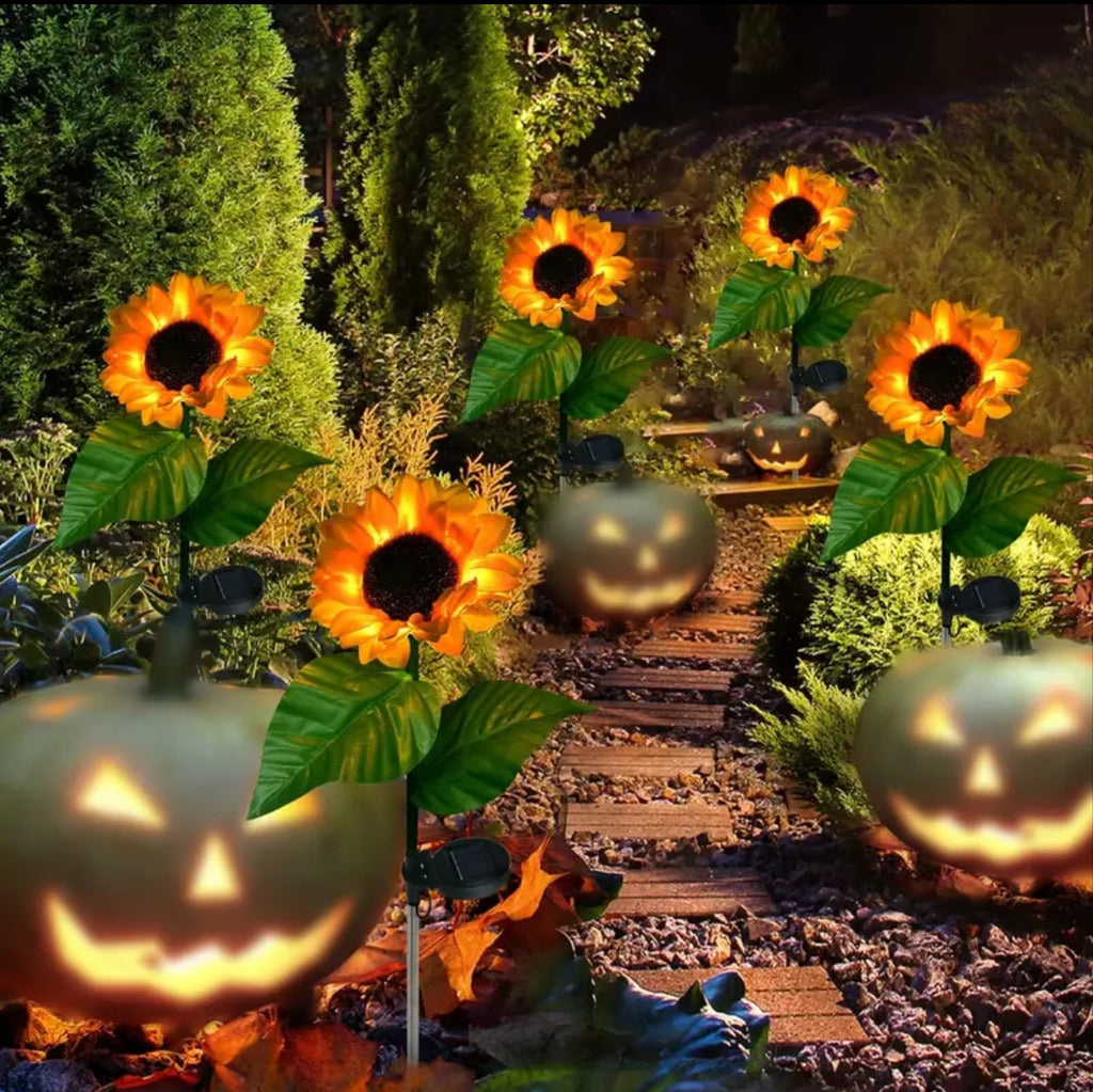 11064 {2 Flower} Solar Flowers Lights Garden Stake Outdoor Sunflower for Garden, Courtyard, Patio, Front Yard, Backyard, Balcony, Entryway Party Wedding Holiday Outdoor Waterproof Halloween Decorations